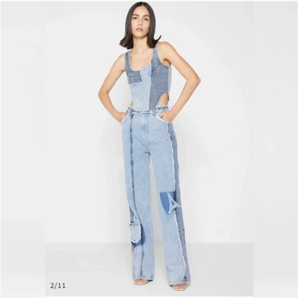 Maniere De Voir Jeans Womens UK 12 US 8 Blue Patchwork Panel Frayed Denim Pants - Picture 1 of 5